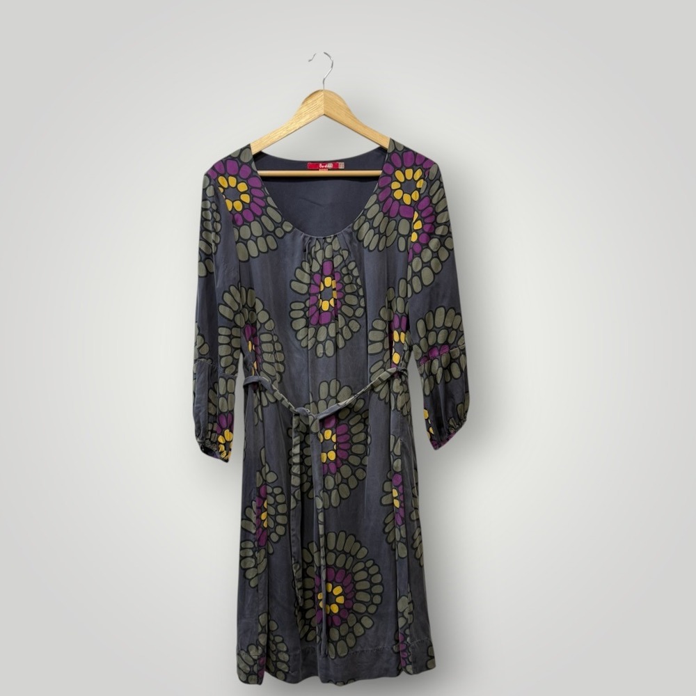 Boden 100% Silk Floral Medallion Shift Dress Grey Purple Yellow US 12L UK 16L